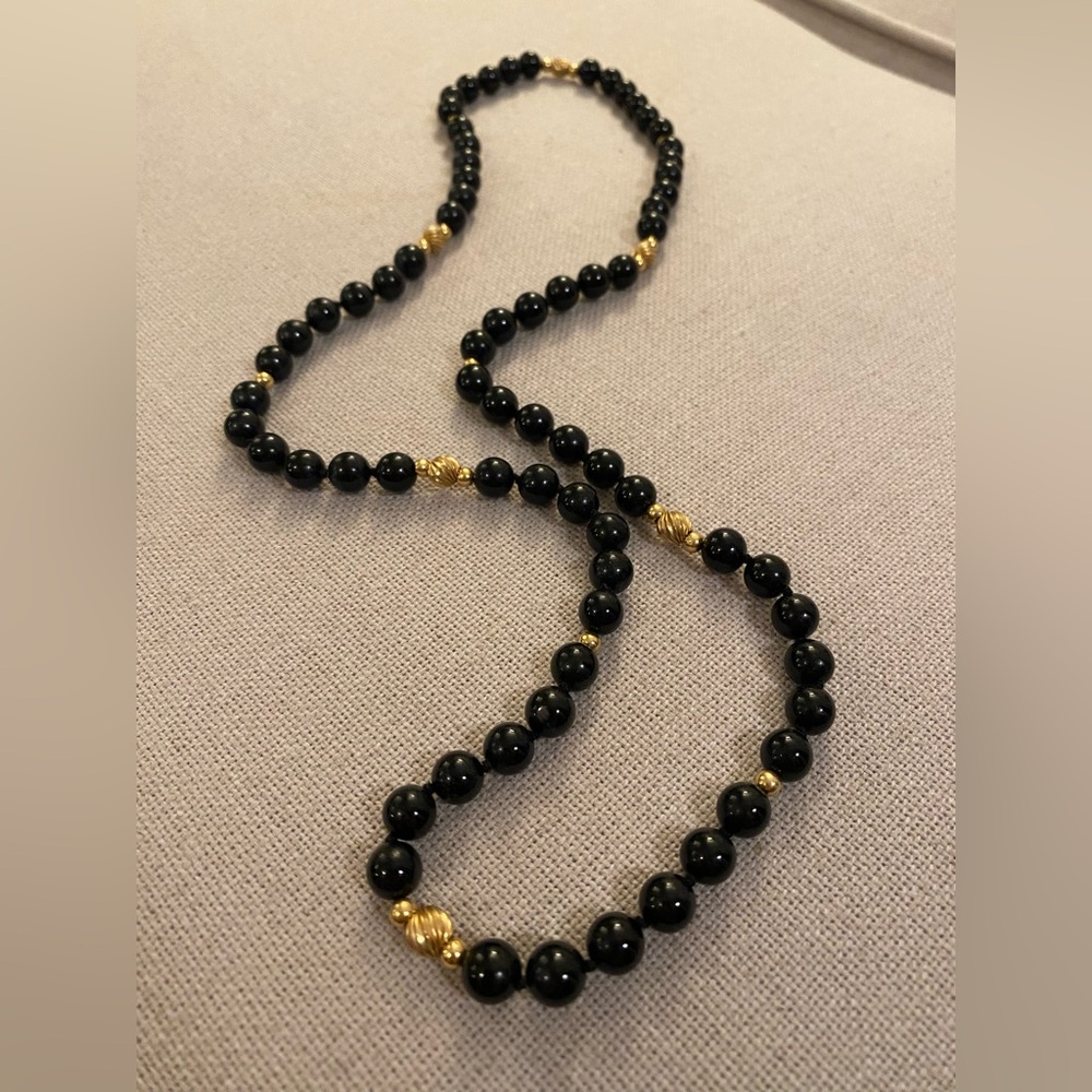Vintage Black Onyx 14K Yellow Gold Accent Beaded Continuous Strand Necklace 30”